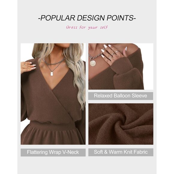 Womens Dressy Brown Peplum Sweater Long Sleeve Fall Wrap V Neck Pullover Tops - Picture 6 of 6